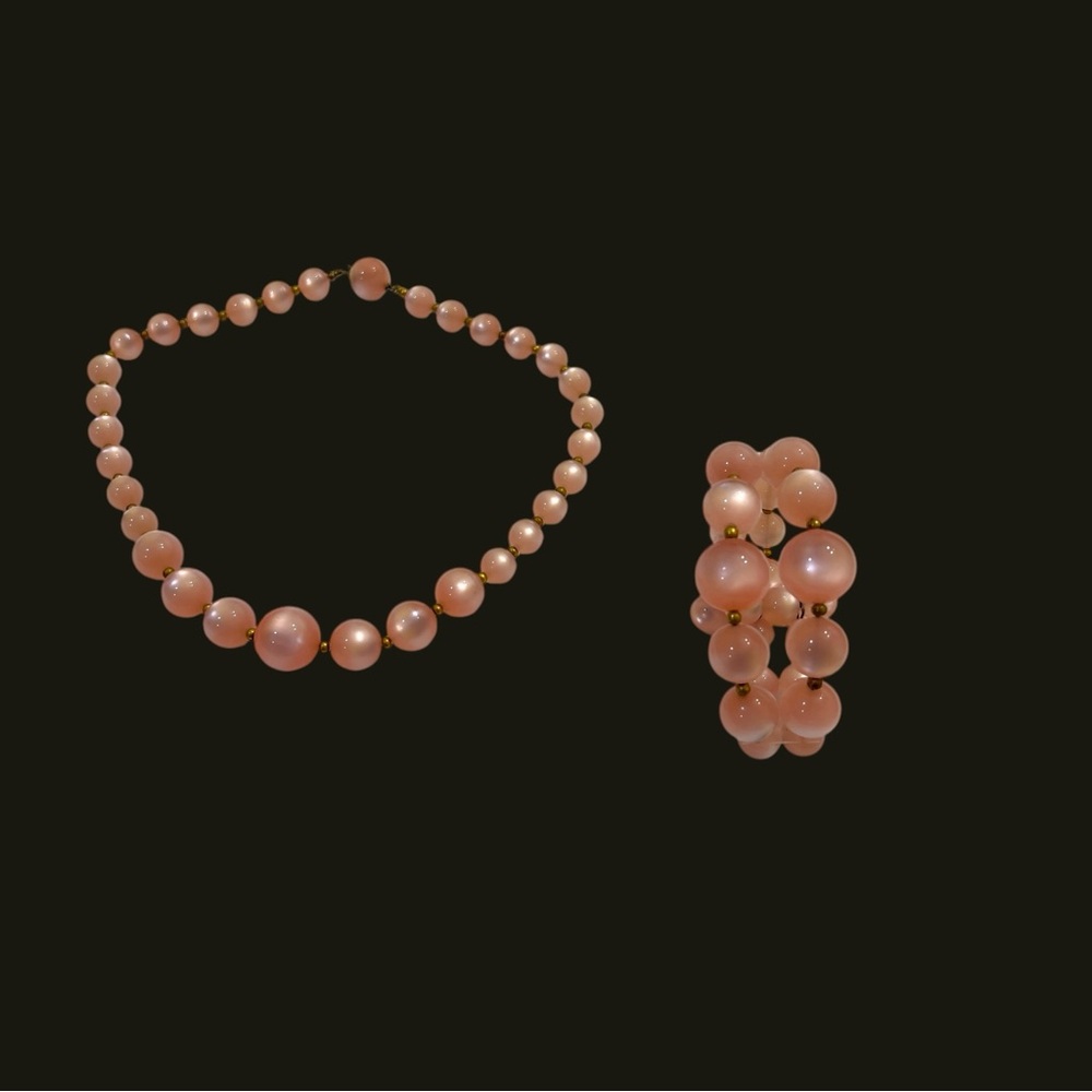 Vtg Pink Possible Moon Glow Necklace & Memory Wire Bracelet Set Estate Jewelry